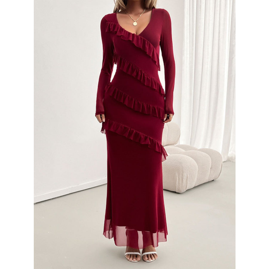 Devine Ruffled Surplice Long Sleeve Maxi Dress Apparel and Accessories