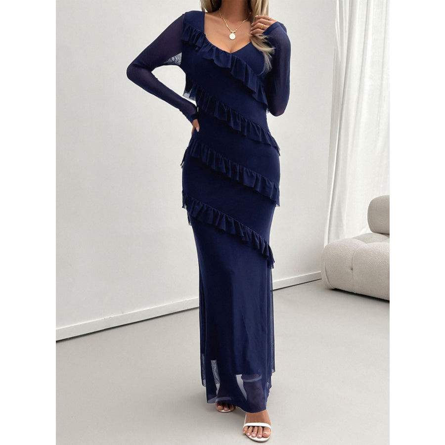 Devine Ruffled Surplice Long Sleeve Maxi Dress Apparel and Accessories