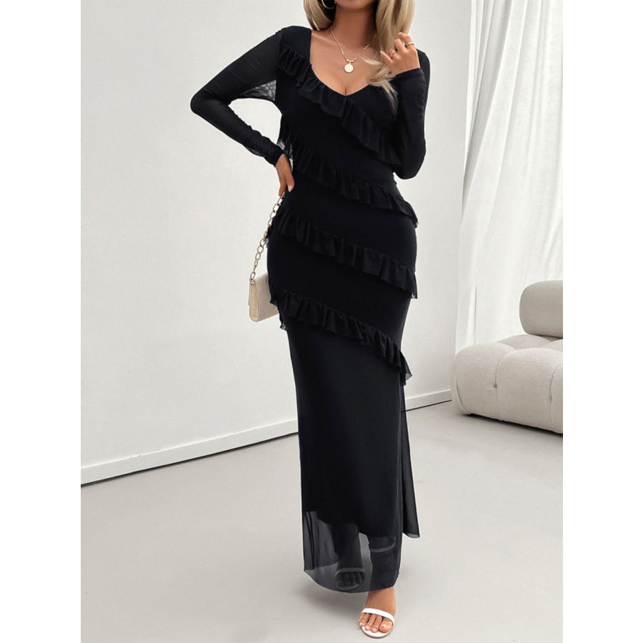 Devine Ruffled Surplice Long Sleeve Maxi Dress Apparel and Accessories