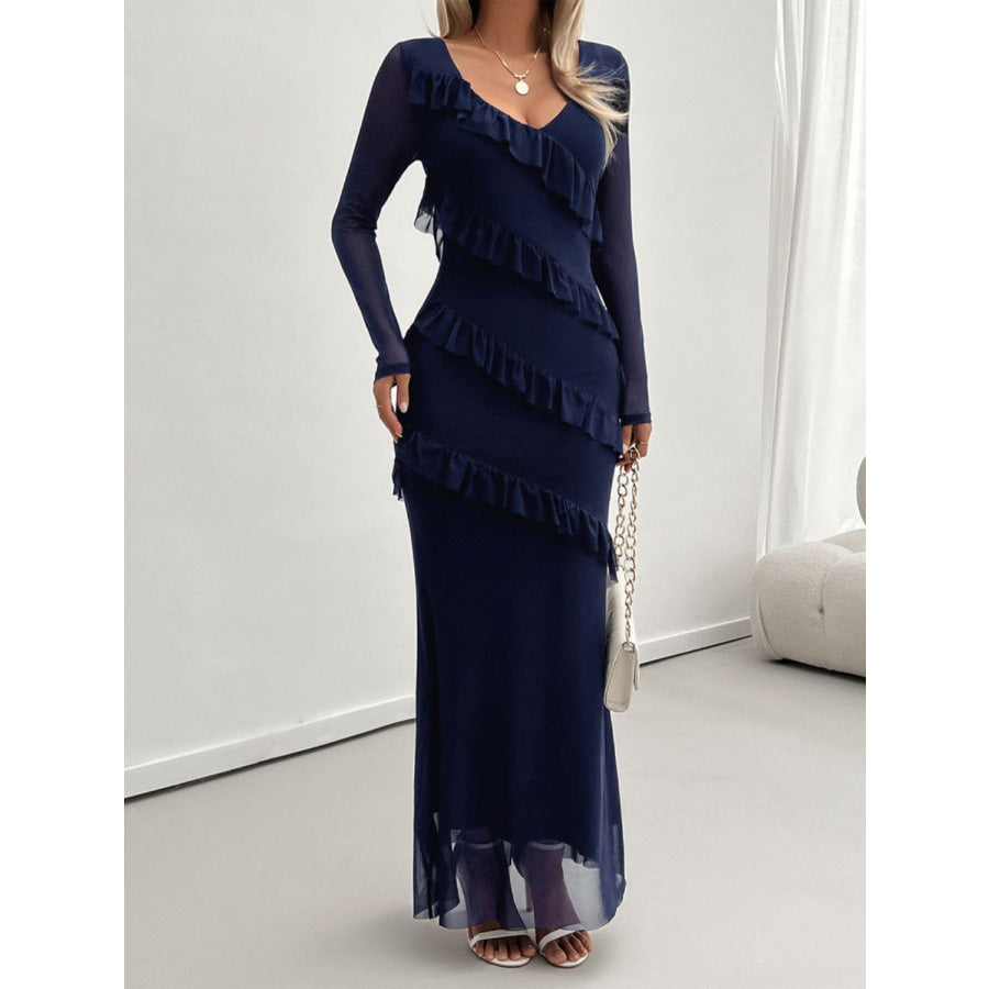 Devine Ruffled Surplice Long Sleeve Maxi Dress Apparel and Accessories