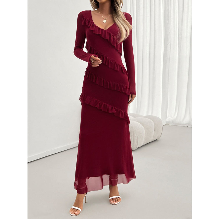 Devine Ruffled Surplice Long Sleeve Maxi Dress Apparel and Accessories