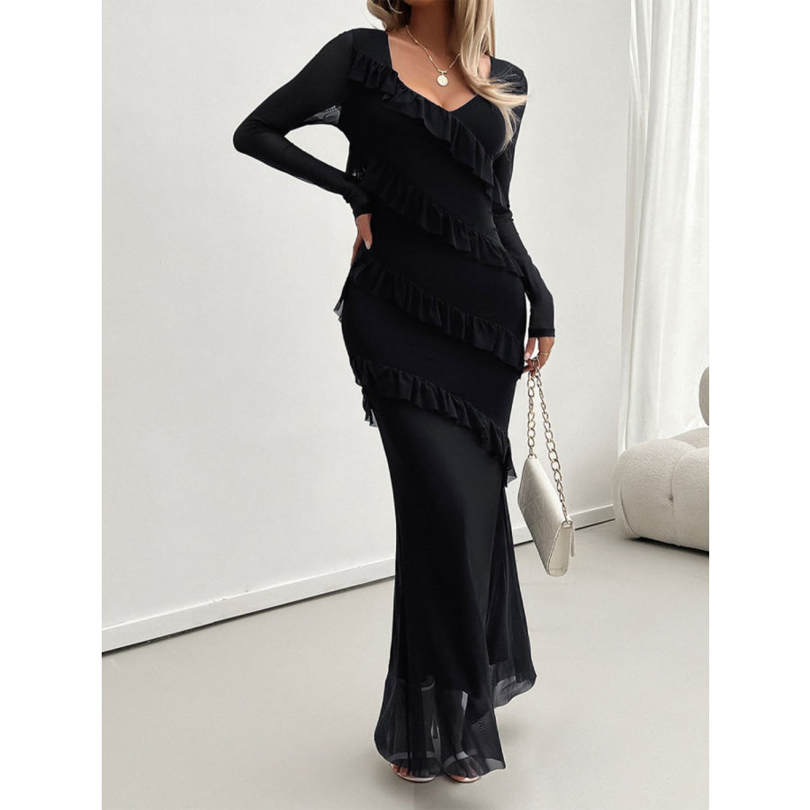 Devine Ruffled Surplice Long Sleeve Maxi Dress Apparel and Accessories