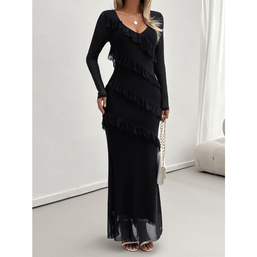 Devine Ruffled Surplice Long Sleeve Maxi Dress Black / S Apparel and Accessories