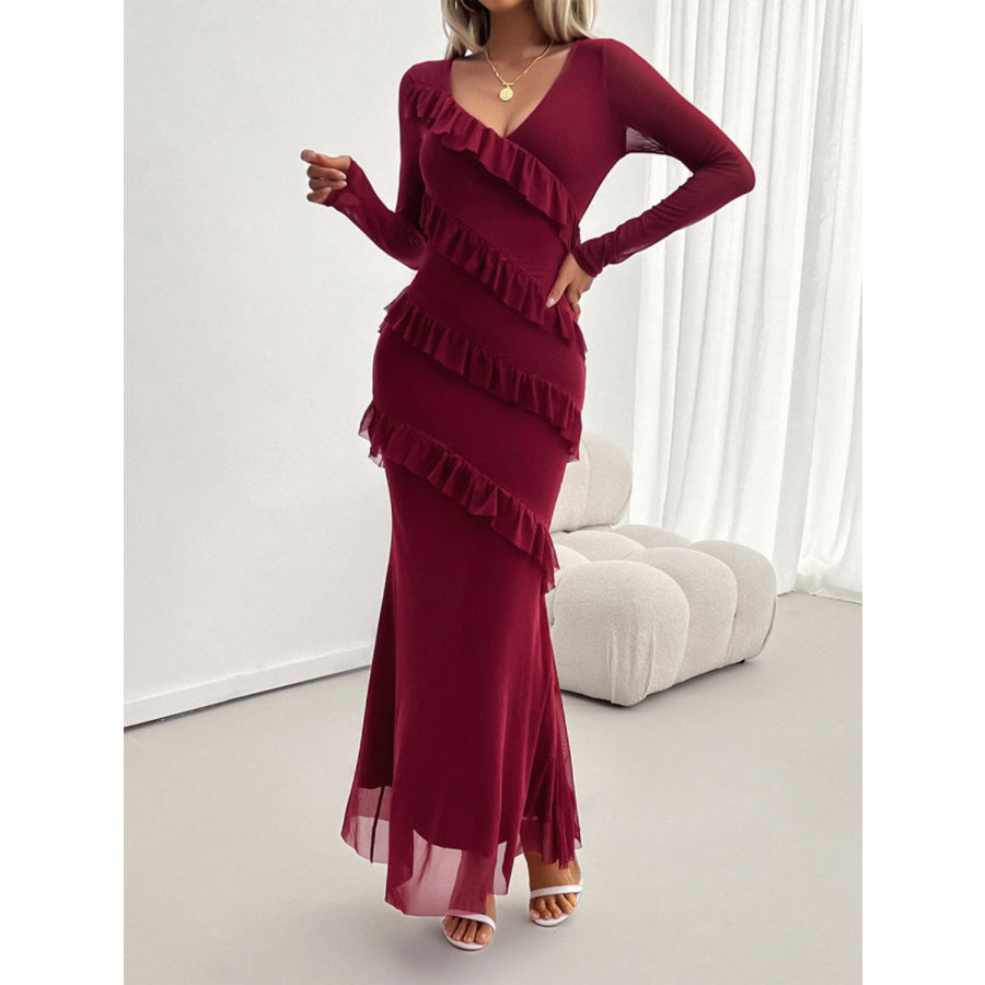 Devine Ruffled Surplice Long Sleeve Maxi Dress Burgundy / S Apparel and Accessories