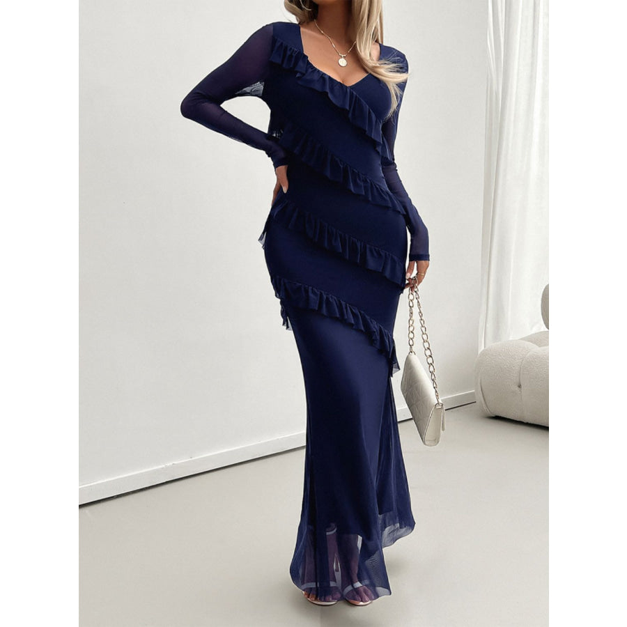 Devine Ruffled Surplice Long Sleeve Maxi Dress Dark Blue / S Apparel and Accessories