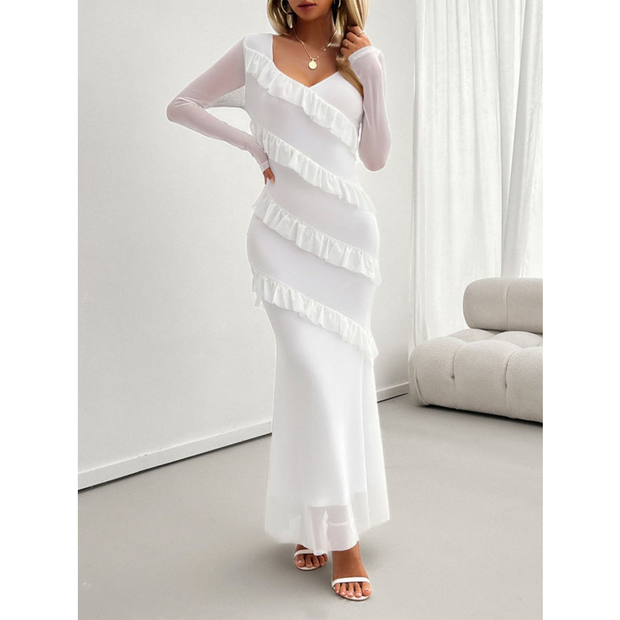 Devine Ruffled Surplice Long Sleeve Maxi Dress White / S Apparel and Accessories