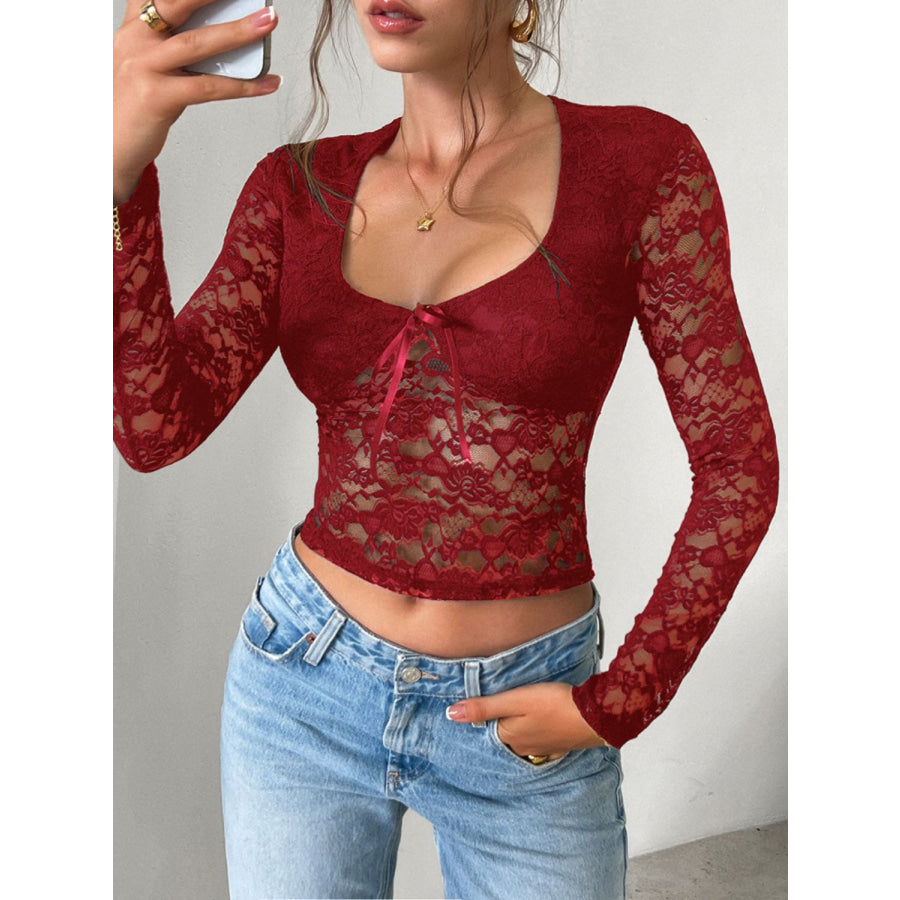 Devine Scoop Neck Long Sleeve Lace Top Apparel and Accessories