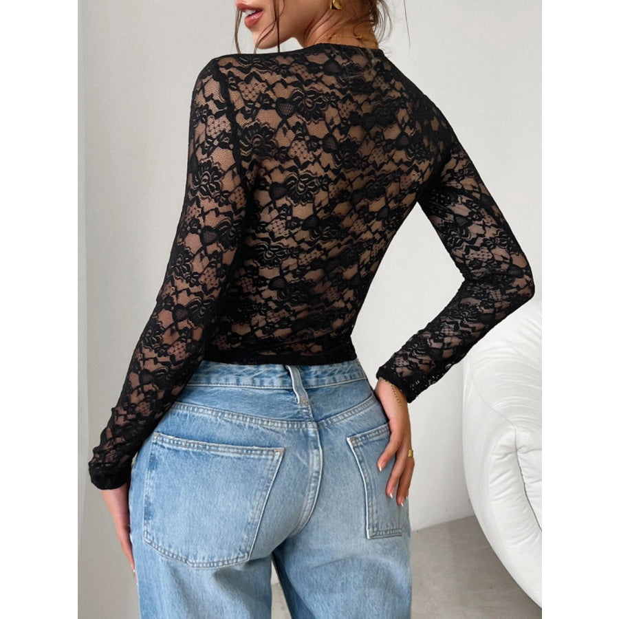 Devine Scoop Neck Long Sleeve Lace Top Black / S Apparel and Accessories