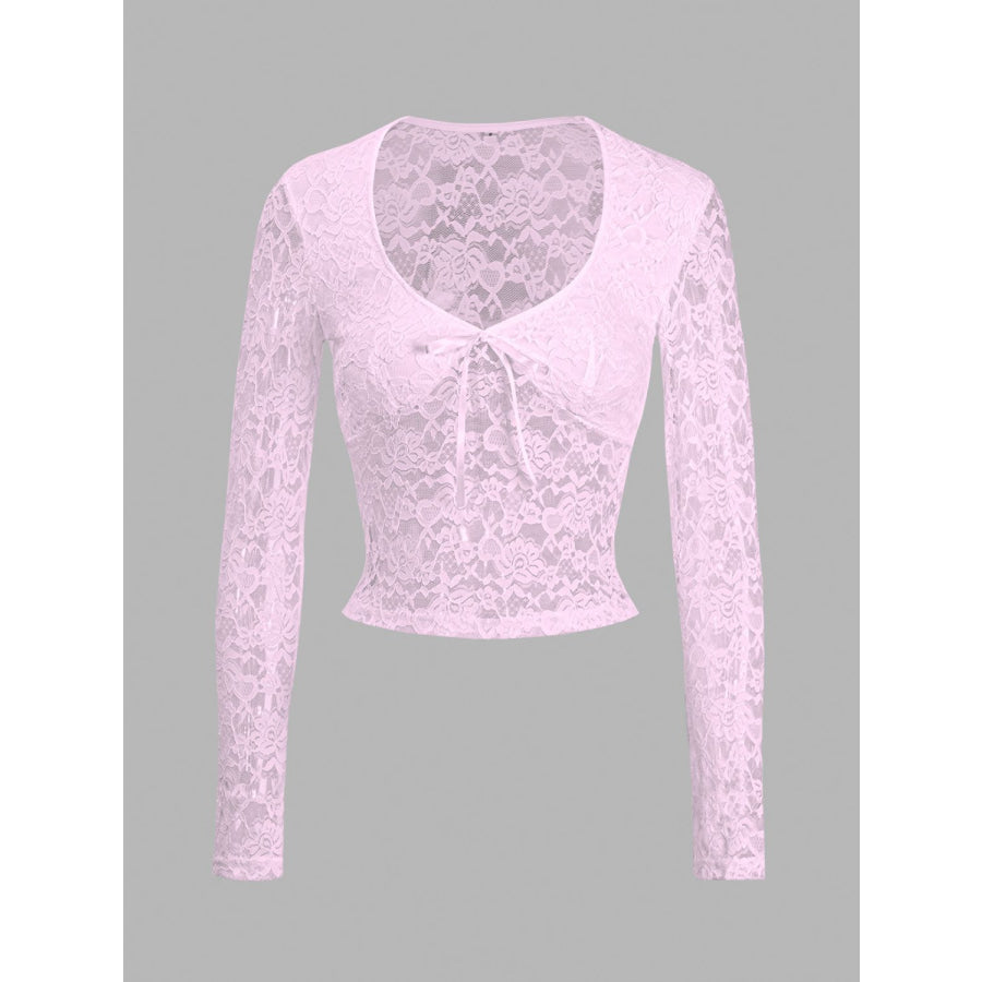 Devine Scoop Neck Long Sleeve Lace Top Blush Pink / S Apparel and Accessories