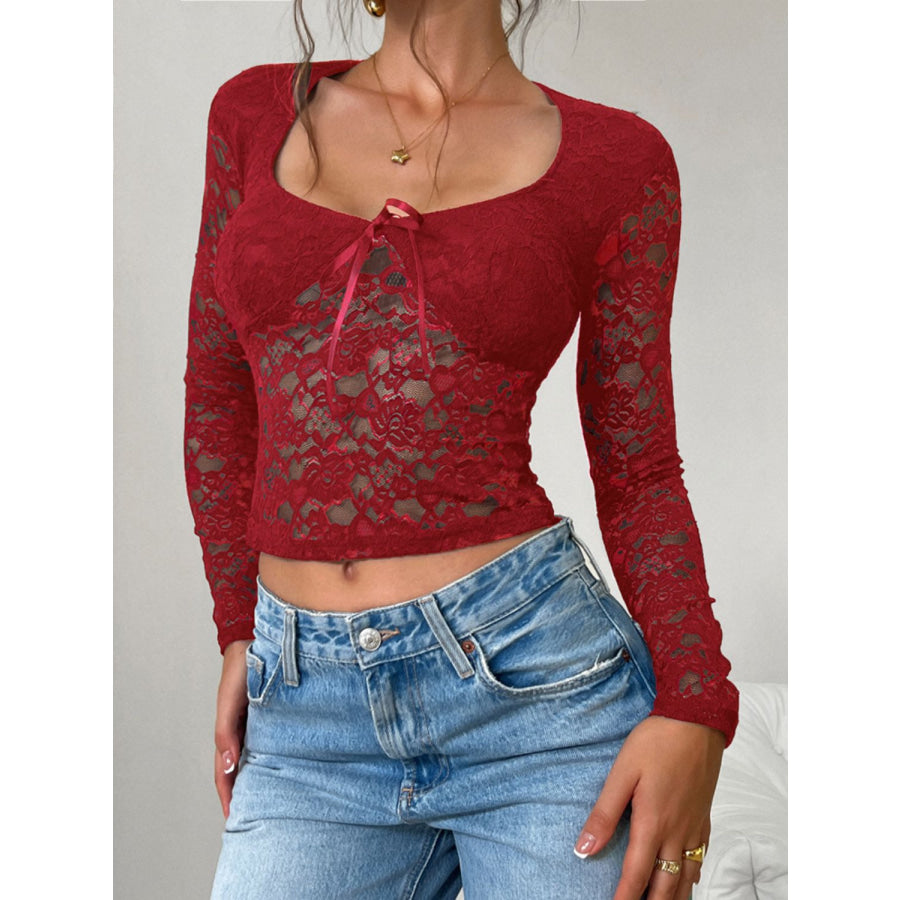 Devine Scoop Neck Long Sleeve Lace Top Burgundy / S Apparel and Accessories