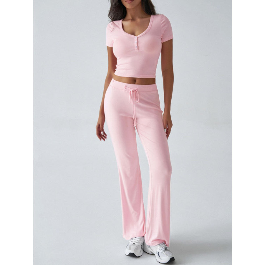 Devine Short Sleeve Top and Drawstring Pants Set Blush Pink / S Apparel and Accessories