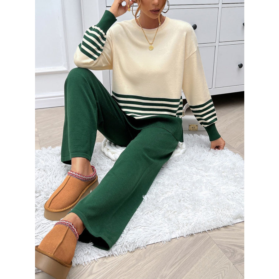 Devine Slit Striped Round Neck Top and Pants Sweater Set Apparel and Accessories