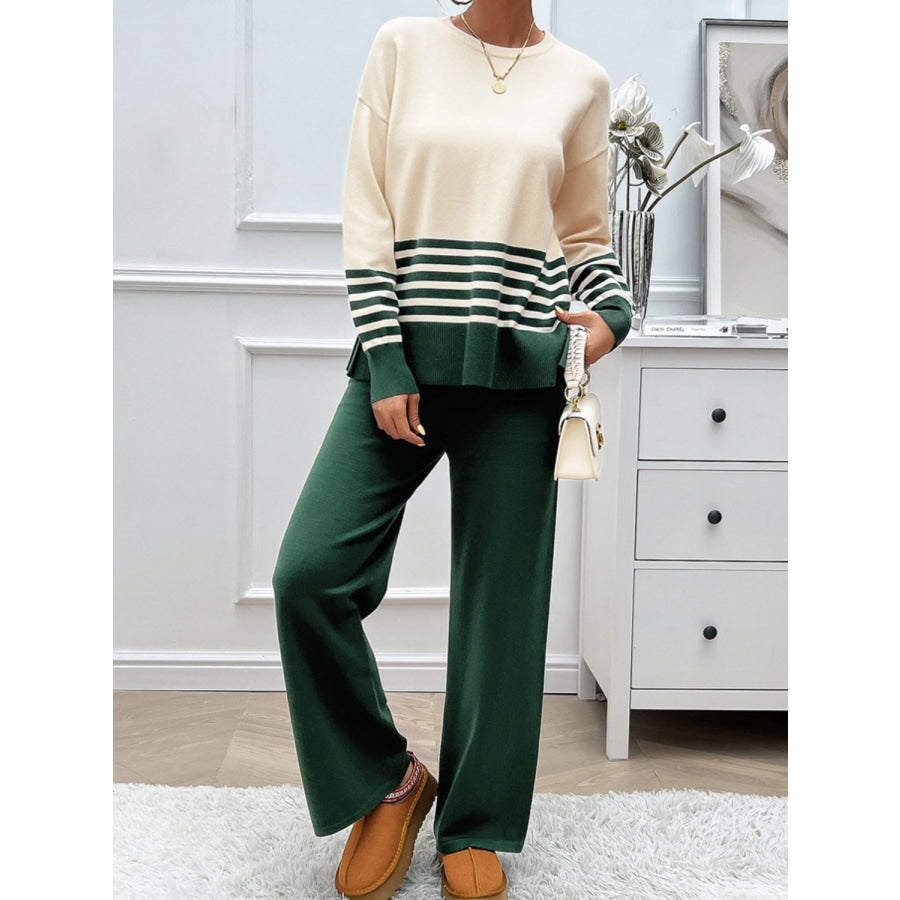 Devine Slit Striped Round Neck Top and Pants Sweater Set Apparel and Accessories