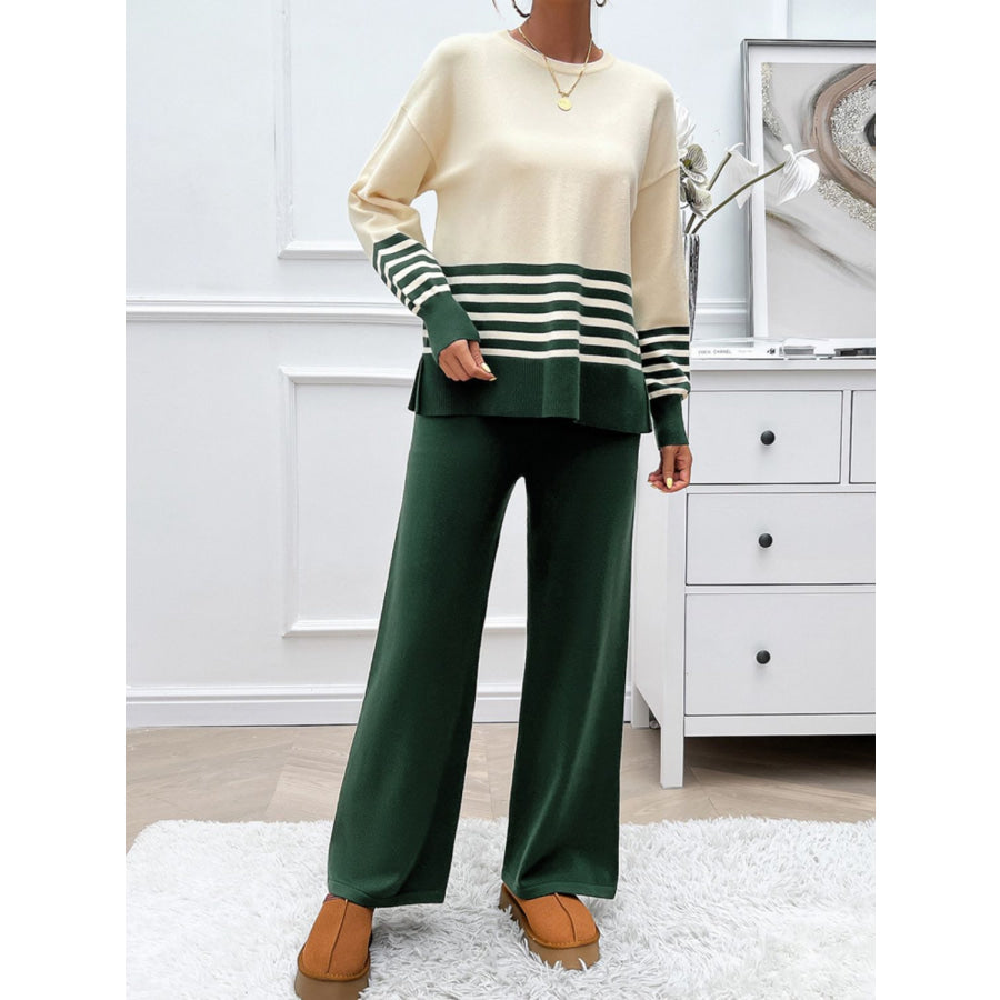 Devine Slit Striped Round Neck Top and Pants Sweater Set Apparel and Accessories