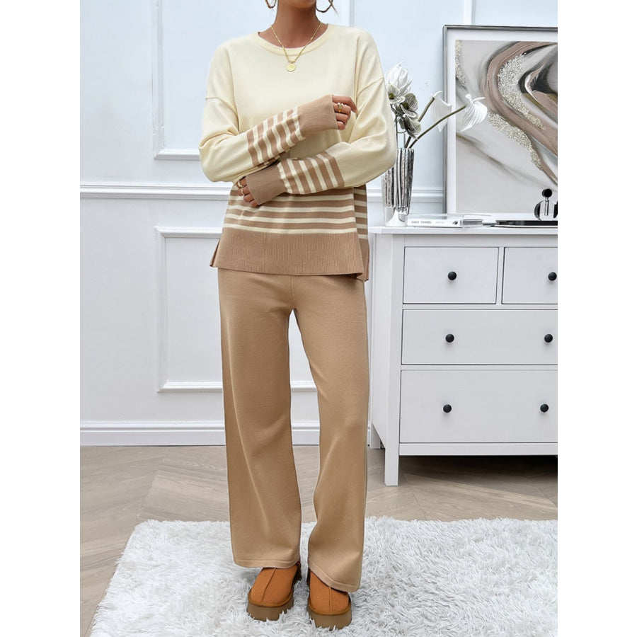 Devine Slit Striped Round Neck Top and Pants Sweater Set Apparel and Accessories