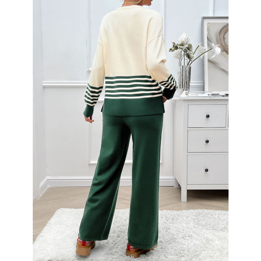 Devine Slit Striped Round Neck Top and Pants Sweater Set Apparel and Accessories