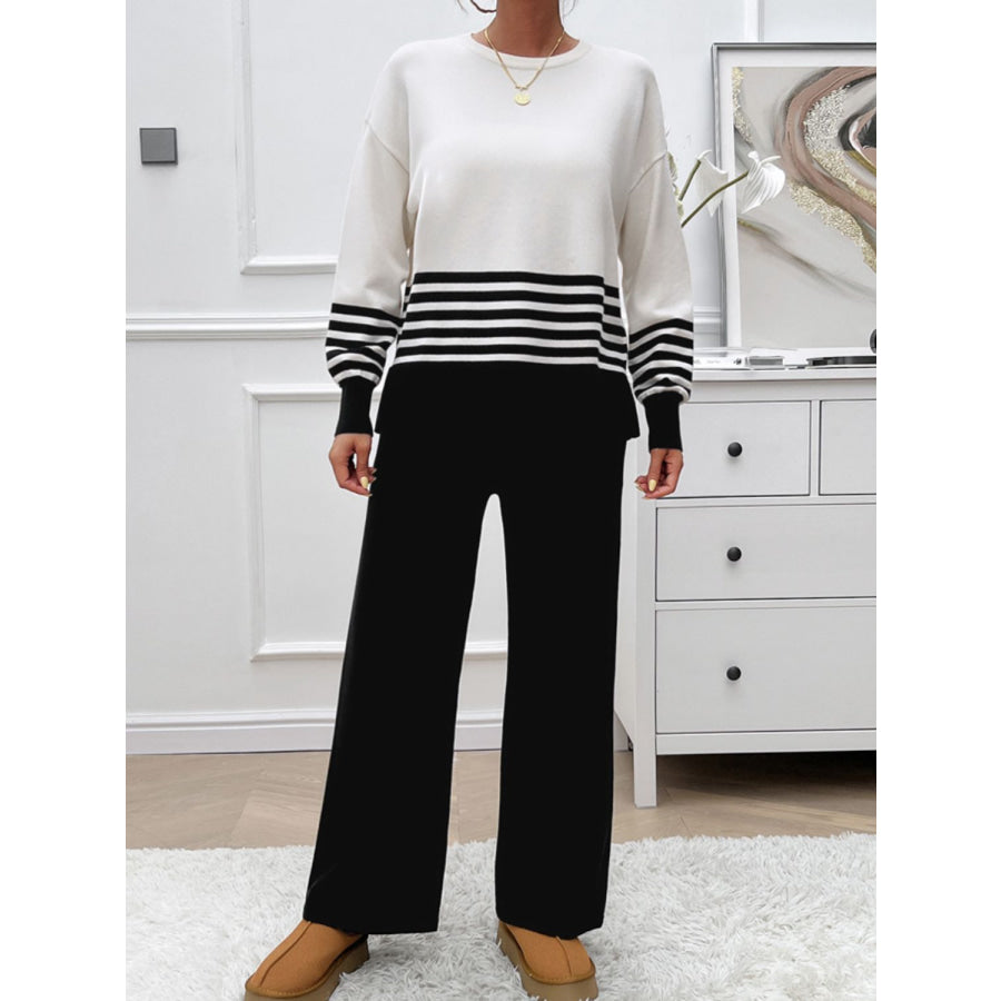 Devine Slit Striped Round Neck Top and Pants Sweater Set Apparel and Accessories