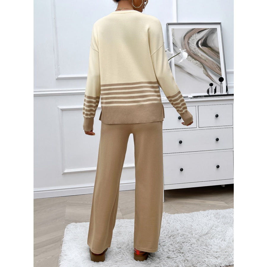 Devine Slit Striped Round Neck Top and Pants Sweater Set Apparel and Accessories