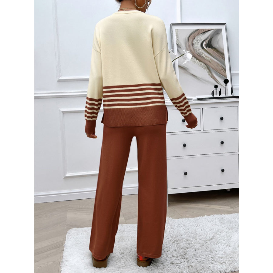 Devine Slit Striped Round Neck Top and Pants Sweater Set Apparel and Accessories