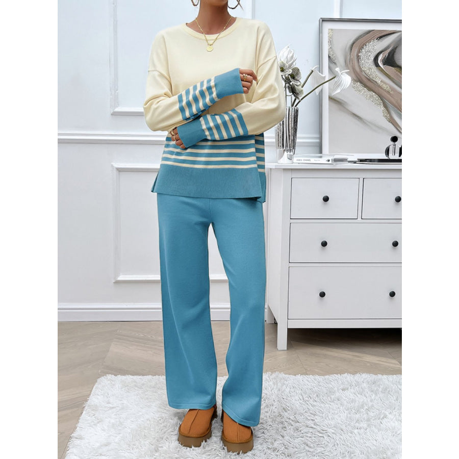 Devine Slit Striped Round Neck Top and Pants Sweater Set Apparel and Accessories