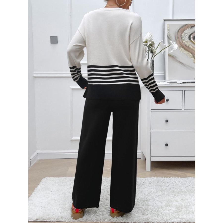 Devine Slit Striped Round Neck Top and Pants Sweater Set Apparel and Accessories