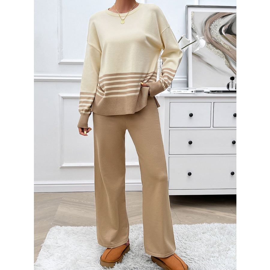 Devine Slit Striped Round Neck Top and Pants Sweater Set Apparel and Accessories