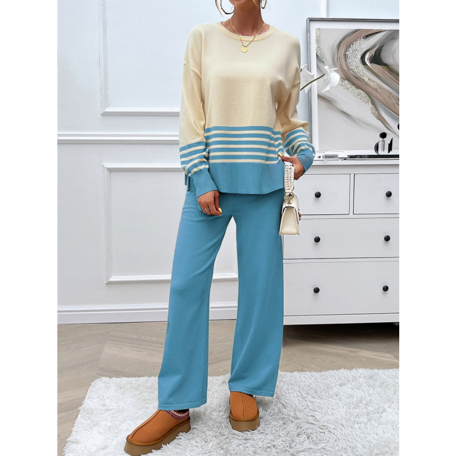 Devine Slit Striped Round Neck Top and Pants Sweater Set Apparel and Accessories