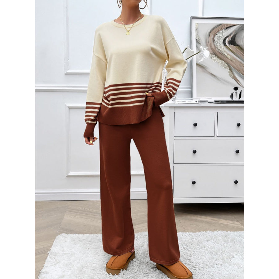 Devine Slit Striped Round Neck Top and Pants Sweater Set Apparel and Accessories