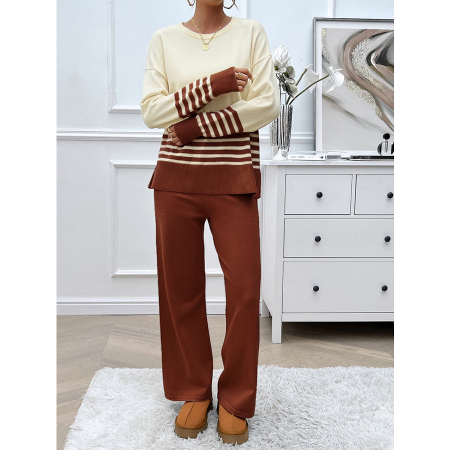 Devine Slit Striped Round Neck Top and Pants Sweater Set Apparel and Accessories