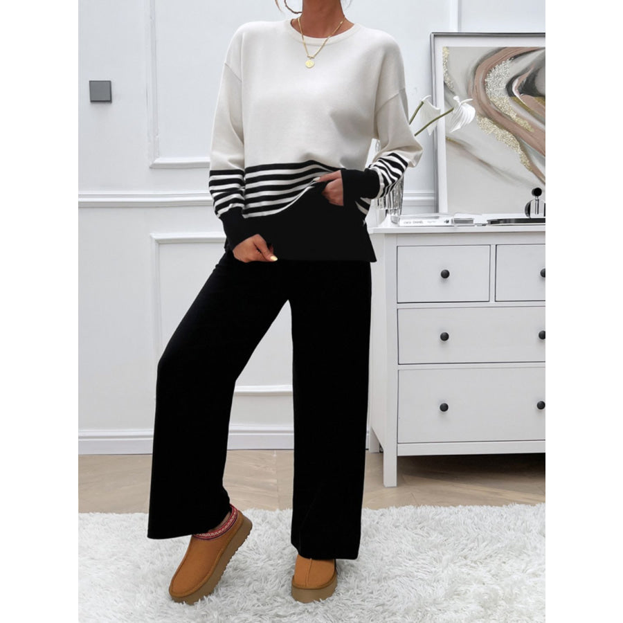 Devine Slit Striped Round Neck Top and Pants Sweater Set Black / S Apparel and Accessories