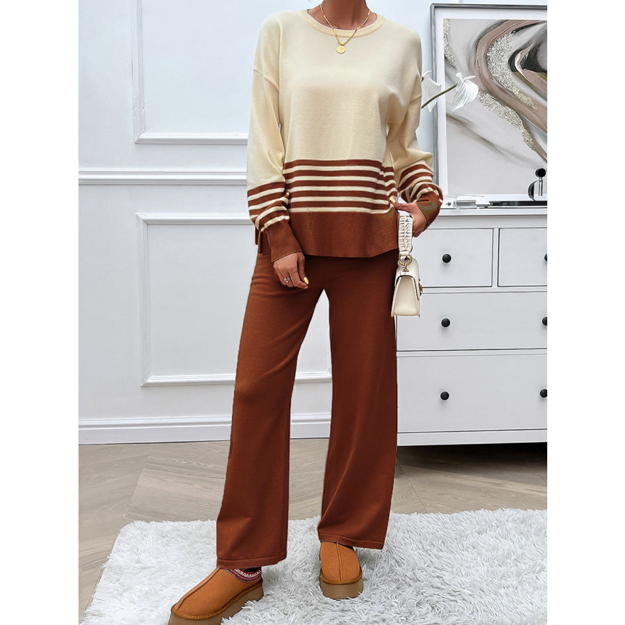 Devine Slit Striped Round Neck Top and Pants Sweater Set Brown / S Apparel and Accessories