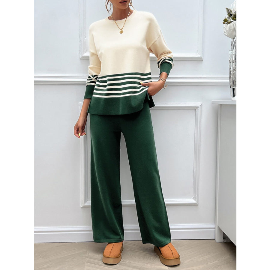 Devine Slit Striped Round Neck Top and Pants Sweater Set Dark Green / S Apparel and Accessories