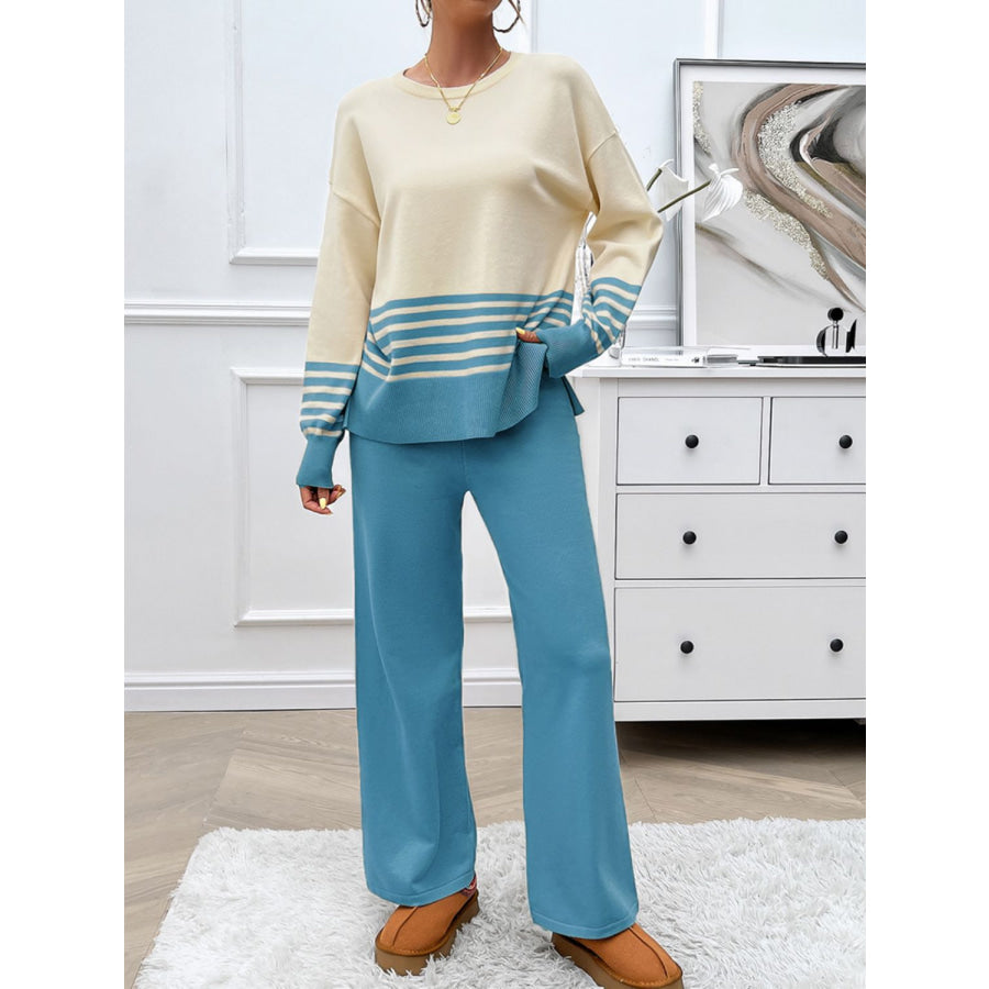 Devine Slit Striped Round Neck Top and Pants Sweater Set Pastel Blue / S Apparel and Accessories