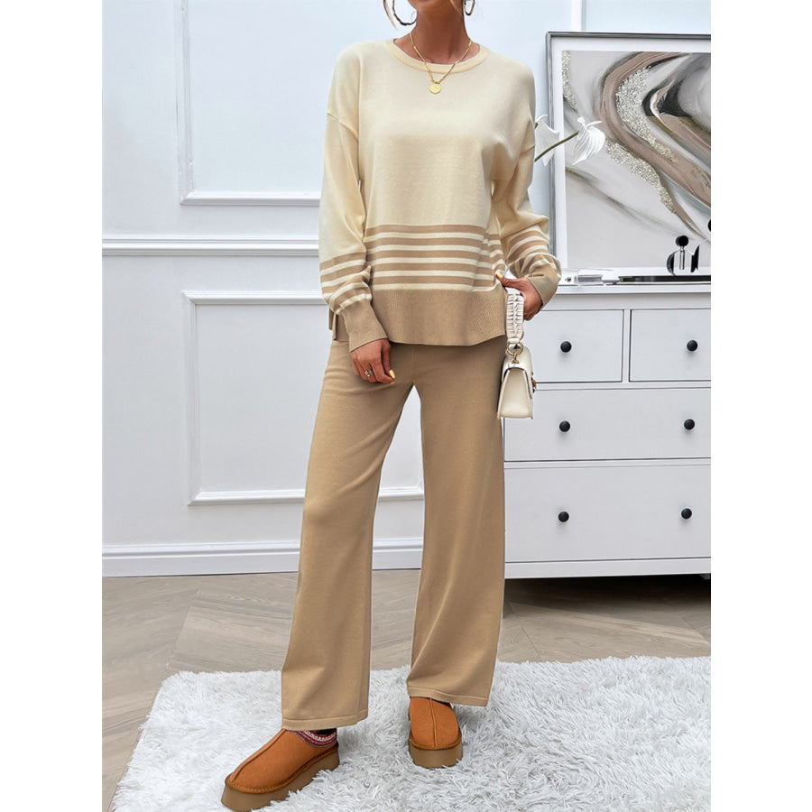 Devine Slit Striped Round Neck Top and Pants Sweater Set Tan / S Apparel and Accessories