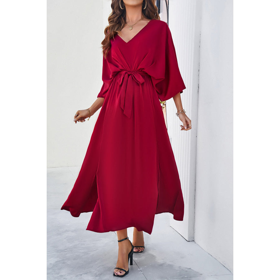 Devine Slit Tied V-Neck Three-Quarter Sleeve Dress Apparel and Accessories