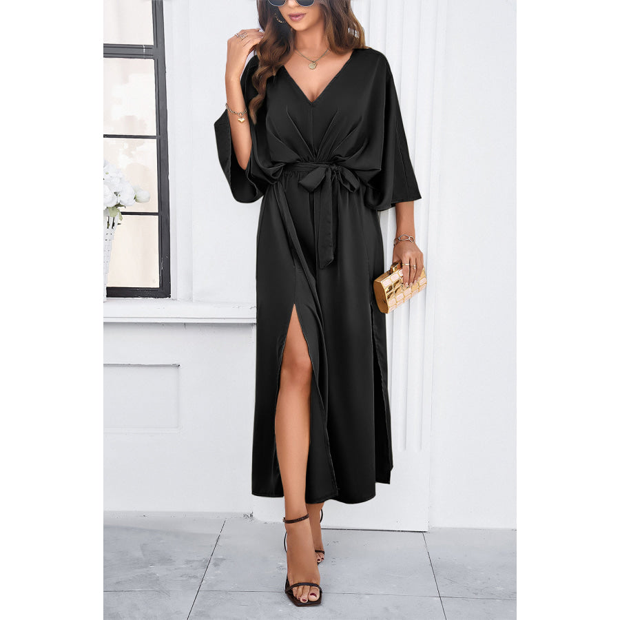 Devine Slit Tied V-Neck Three-Quarter Sleeve Dress Apparel and Accessories