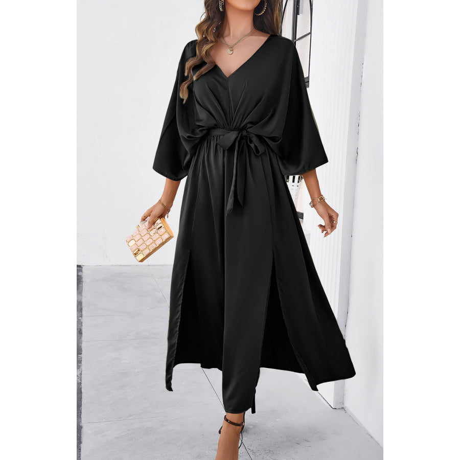 Devine Slit Tied V-Neck Three-Quarter Sleeve Dress Apparel and Accessories