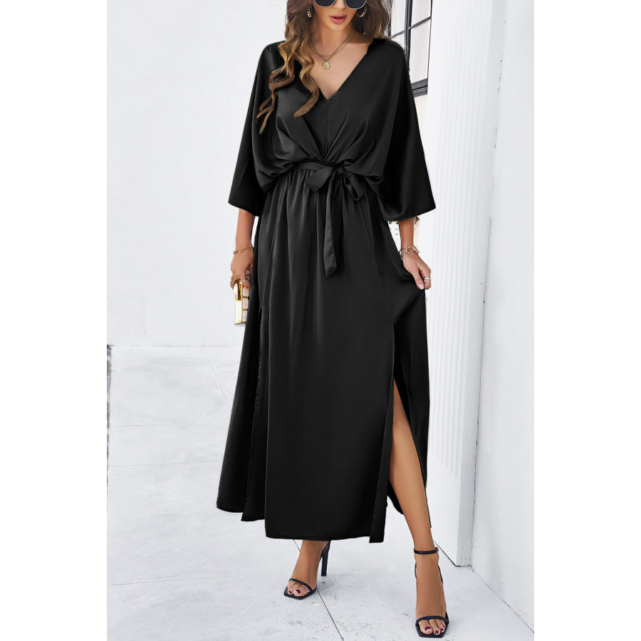 Devine Slit Tied V-Neck Three-Quarter Sleeve Dress Apparel and Accessories