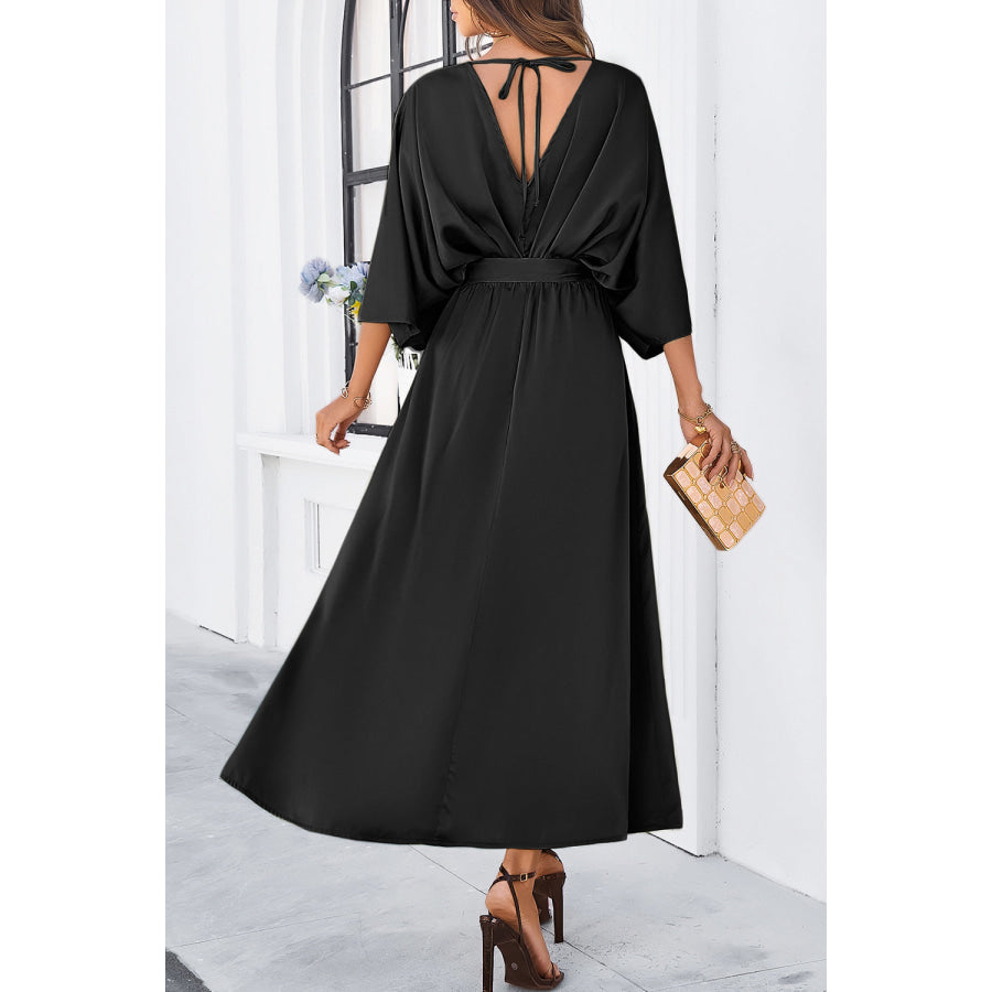 Devine Slit Tied V-Neck Three-Quarter Sleeve Dress Apparel and Accessories