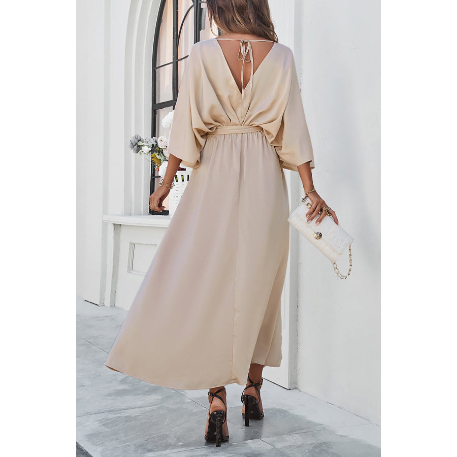 Devine Slit Tied V-Neck Three-Quarter Sleeve Dress Apparel and Accessories