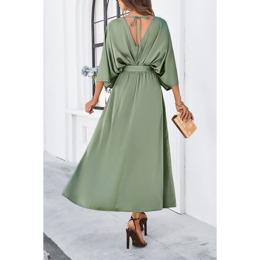 Devine Slit Tied V-Neck Three-Quarter Sleeve Dress Apparel and Accessories