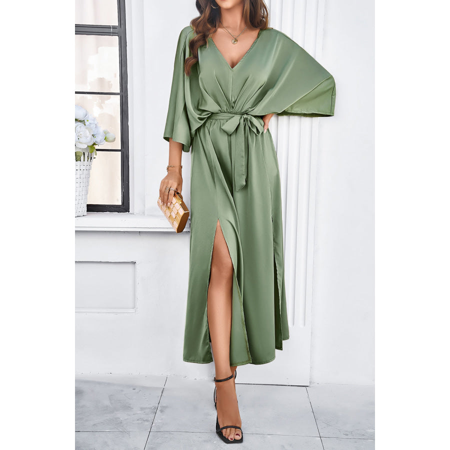 Devine Slit Tied V-Neck Three-Quarter Sleeve Dress Apparel and Accessories