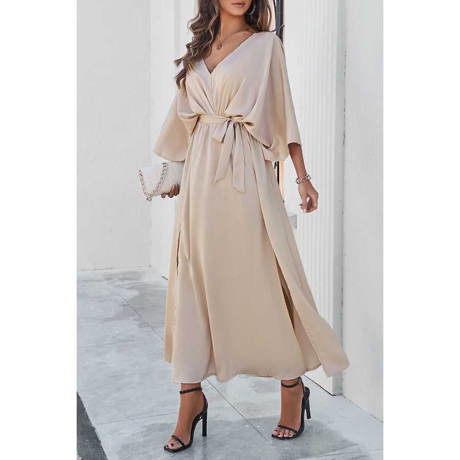 Devine Slit Tied V-Neck Three-Quarter Sleeve Dress Apparel and Accessories