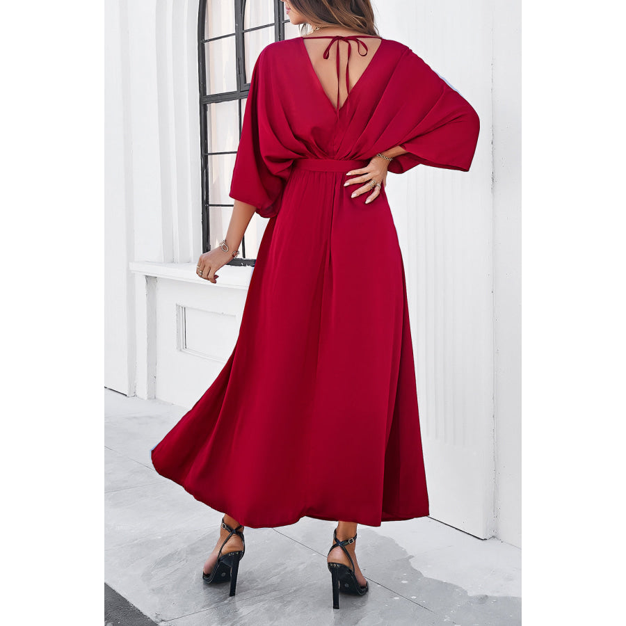 Devine Slit Tied V-Neck Three-Quarter Sleeve Dress Apparel and Accessories