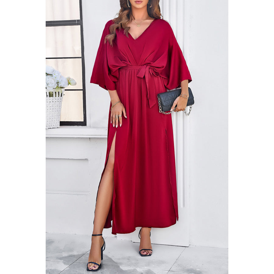 Devine Slit Tied V-Neck Three-Quarter Sleeve Dress Apparel and Accessories