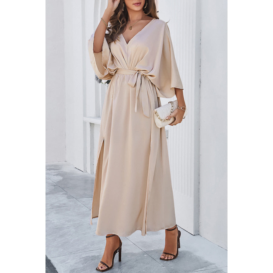 Devine Slit Tied V-Neck Three-Quarter Sleeve Dress Apparel and Accessories