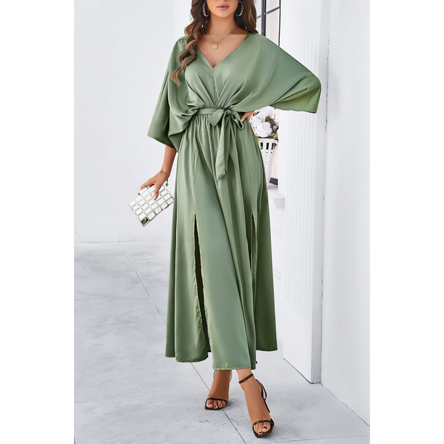 Devine Slit Tied V-Neck Three-Quarter Sleeve Dress Apparel and Accessories