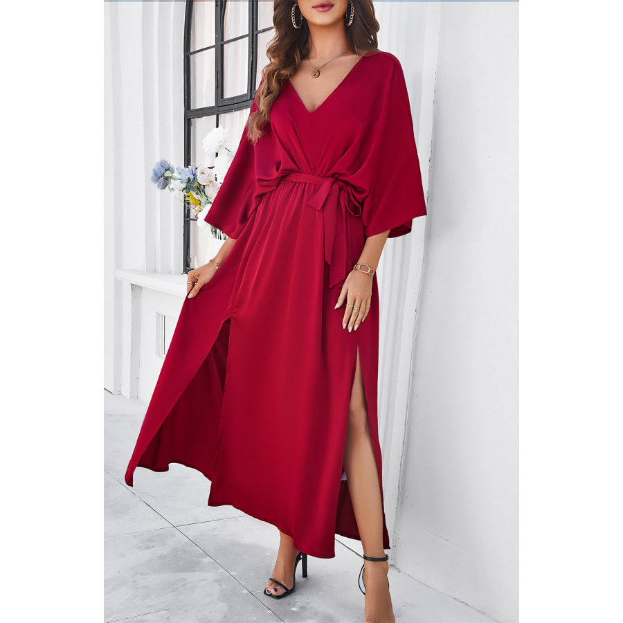 Devine Slit Tied V-Neck Three-Quarter Sleeve Dress Apparel and Accessories