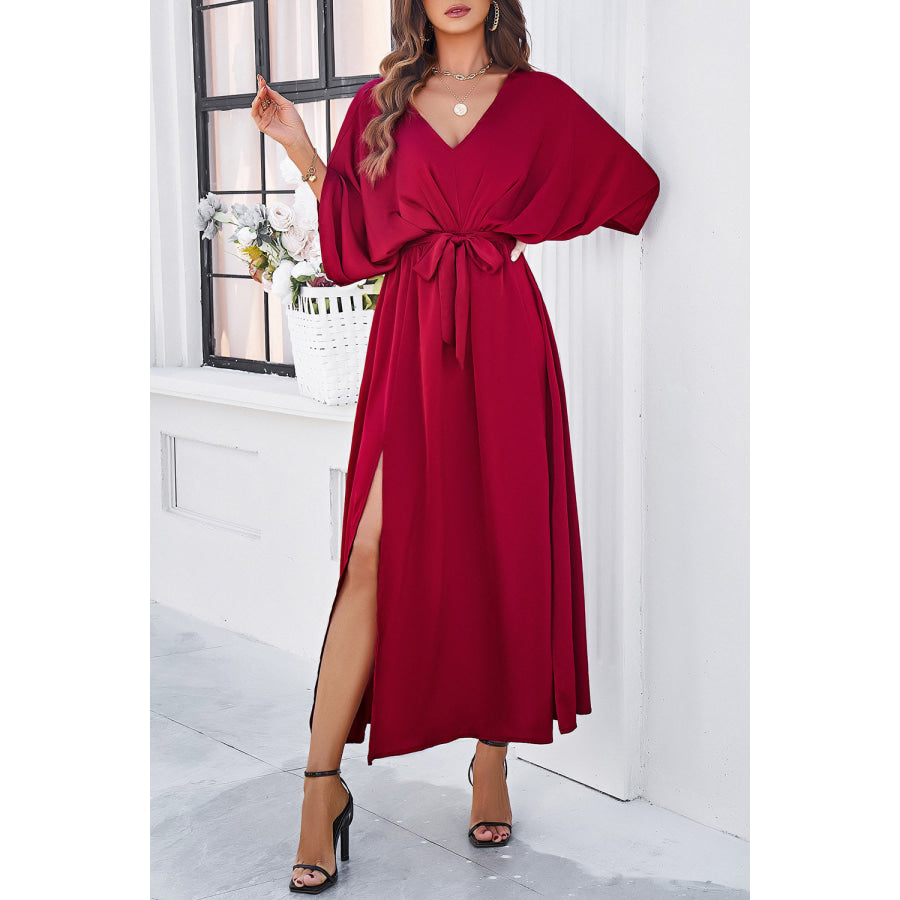 Devine Slit Tied V-Neck Three-Quarter Sleeve Dress Deep Red / S Apparel and Accessories