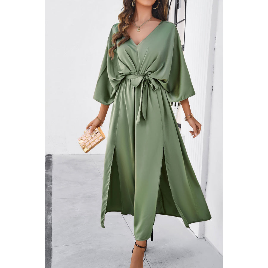 Devine Slit Tied V-Neck Three-Quarter Sleeve Dress Sage / S Apparel and Accessories